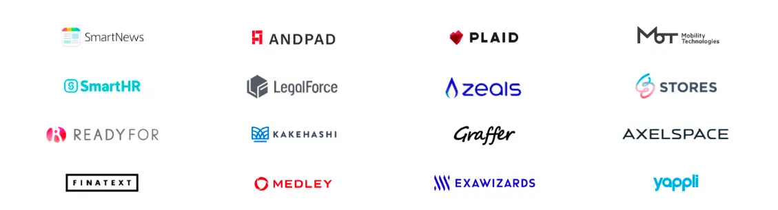 SmartNews,ANDPAD PLAID,Mobility Technologies,SmartHR,LegalForce,zeals,STORES,READYFOR,KAKEHASHI,Graffer,AXELSPACE,FINATEXT,MEDLEY,EXAWIZARDS,yappli